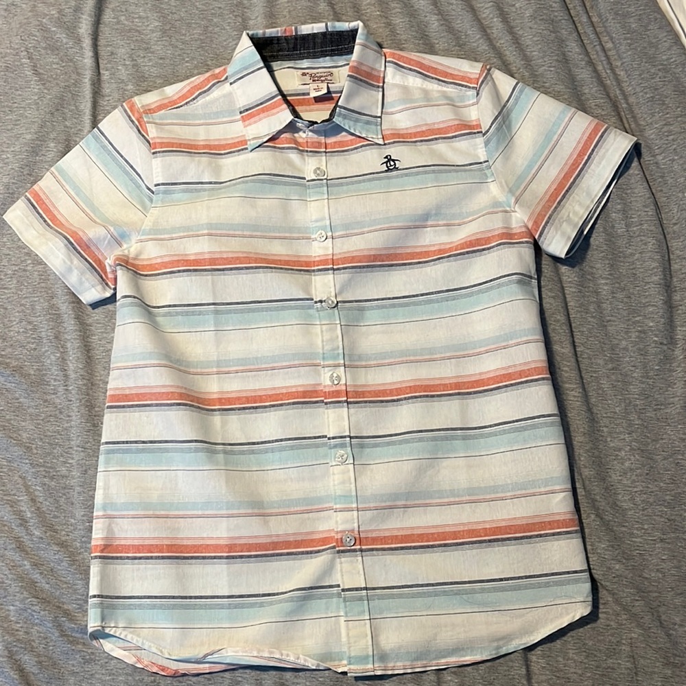 White Blue and Pink button up shirt